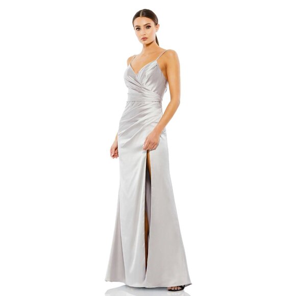 NWT Mac Duggal Satin Faux Wrap Ruched Gown Platinum 12 #9875 - Picture 1 of 12